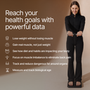 Woman using a fitness device with text about health goals and data tracking on a brown background
