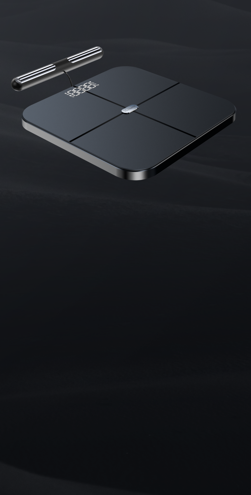 A digital smart body weighing scale with a sleek glass top and metallic edges, paired with a connected body composition analyzer wand. Text overlay reads "Why Hume's Body Pod technology stands out" and "High-level body composition accuracy at home," followed by a description noting it's trusted by 12,000+ health clinics and uses clinical-grade technology for accurate, consistent results.